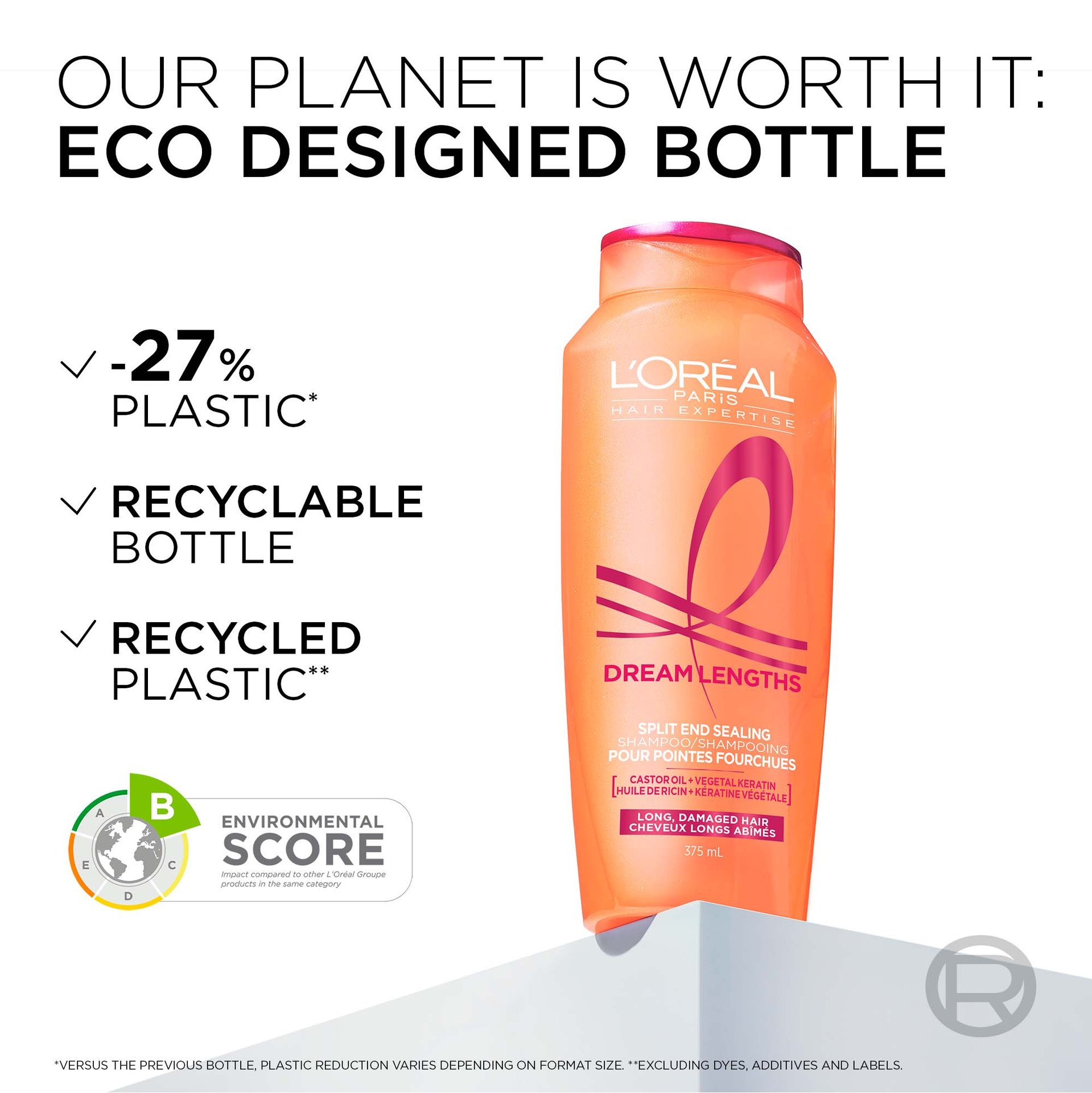 1 dream length shampoo bottle eco-designed with less than 27% plastic and made from recycled plastic